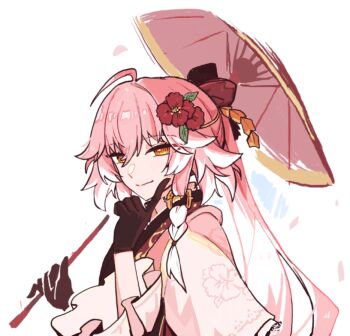 1girl alternate_costume black_gloves braid changli_(wuthering_waves) closed_mouth commentary_request gloves hair_extensions hand_up holding holding_umbrella long_hair looking_at_viewer multicolored_hair orange_eyes pink_hair ring_hair_extensions smile solo starblame two-tone_hair umbrella upper_body white_hair wuthering_waves