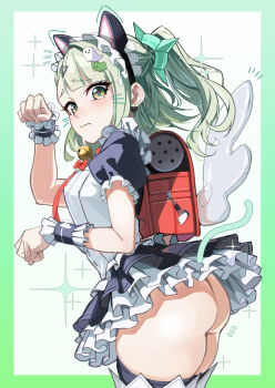 1girl animal_ear_hairband animal_ears ass black_dress border breasts cat_ear_hairband cat_ears commentary_request drawn_whiskers dress fake_animal_ears from_side green_border green_eyes green_hair hairband highres maid maid_headdress official_alternate_costume paw_pose short_hair small_breasts solo sunna_(afternoon_tea_break)_(zenless_zone_zero) sunna_(zenless_zone_zero) tatsukimizu thighs white_background white_wings wings wrist_cuffs zenless_zone_zero