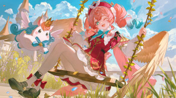 1girl ;o absurdres angel_wings aqua_bow aqua_bowtie aqua_eyes aqua_hair black_shoes blue_sky bow bowtie chinese_commentary commentary_request dress drill_hair hat highres honkai:_star_rail honkai_(series) hyacine_(honkai:_star_rail) little_ica_(honkai:_star_rail) looking_at_viewer multicolored_hair one_eye_closed outdoors pantyhose pink_hair red_dress red_hat shoes sitting sky smile swing_set tian_nima twin_drills two-tone_hair white_pantyhose wings