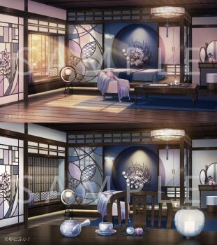 akechi_mitsuki architecture armchair azuma_hatori bed bedroom blanket book branch cabinet candle chair coffee_table copyright_notice cup cushion dusk east_asian_architecture egasumi flower flower_knot food hanging_light indoors lamp lantern magazine_(object) mirror no_humans official_art paper_lantern plate sample_watermark saucer scenery shouji side_handle_teapot sliding_doors stained_glass stool sunlight table tassel teapot themed_object unifee vanity_table variations vase wagashi watermark white_flower wooden_ceiling wooden_chair wooden_floor wooden_table