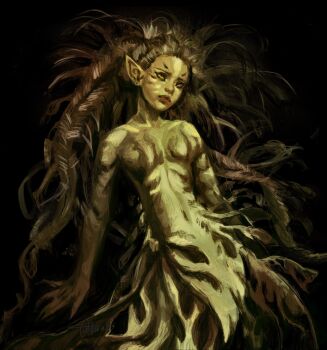 1girl absurdres black_background black_hair braid commentary english_commentary facial_mark fingernails floating_hair head_tilt highres light_frown long_hair mermaid monster_girl nude orange_eyes original outstretched_arms pointy_ears sharp_fingernails simple_background solo twulfs yellow_theme