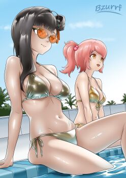 1girl 2girls absurdres bikini black_hair breasts bzurrf cheeta_(girls'_frontline_2) girls'_frontline girls'_frontline_2:_exilium gold_bikini golden_week hair_ornament hairclip highres large_breasts long_hair medium_breasts mp7_(girls'_frontline) multiple_girls one_side_up orange-tinted_eyewear orange_eyes palm_tree poolside qbz-191_(girls'_frontline) qiongjiu_(girls'_frontline_2) shiny_swimsuit side-tie_bikini_bottom sitting string_bikini sunglasses swimsuit tinted_eyewear tree yellow_eyes