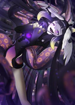 1girl absurdres azumi_illust black_dress blunt_bangs crown dress feathered_wings head_wings highres hololive hololive_english juliet_sleeves long_hair long_sleeves looking_at_viewer ninomae_ina'nis open_mouth own_hands_clasped own_hands_together puffy_sleeves purple_eyes purple_hair purple_hands solo tako_takover_(ninomae_ina'nis) teeth tentacle_hair tentacles upper_teeth_only virtual_youtuber white_wings wings