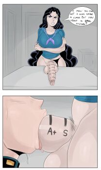 1boy 1futa absurdres black_hair breasts clothing_aside deepthroat detnox diamond_wa_kudakenai domination english_text fellatio futa_with_male futanari highres hirose_koichi jojo_no_kimyou_na_bouken large_breasts large_penis male_sucking_futa markings oral panties panties_aside penis pubic_hair purple_eyes saliva school_uniform simple_background sweat sweatdrop tongue tongue_out underwear yamagishi_yukako