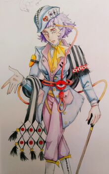 Rule 34 | black hairband, blouse, buttons, cane, commentary, eye print, eyeball, fashion, formal clothes, frilled shirt collar, frills, hair ornament, hairband, heart, heart button, heart hair ornament, highres, holding, holding cane, komeiji satori, lunaticlunarian, mixed media, nail polish, painting (medium), pant suit, pants, pink hair, ribbon-trimmed collar, ribbon trim, scarf, shirt, sketchbook, striped clothes, striped scarf, suit, third eye, touhou, traditional media, unamused, watercolor (medium)