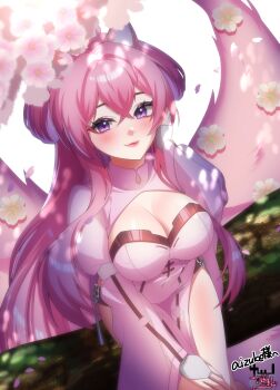 1a1acthulhu 1girl absurdres aizuke_(vtuber) blush breasts bridal_gauntlets character_name cleavage closed_mouth covered_navel dress flower highres indie_virtual_youtuber lips long_hair multiple_tails on_branch pink_hair purple_eyes second-party_source sitting_on_branch solo tail tail_flower tail_ornament virtual_youtuber white_dress white_flower