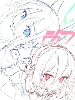 Rule 34 | 2girls, aris (blue archive), aris (mecha suit) (blue archive), blue archive, blue eyes, commentary request, green halo, hair between eyes, halo, kei (blue archive), kei (new body) (blue archive), long hair, long hair between eyes, looking at viewer, mnx2ek0, multiple girls, red eyes, red halo, simple background, sketch, white background