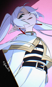 1girl capelet earrings elf frieren green_eyes highres jewelry long_hair long_pointy_ears looking_up meme parted_bangs pointy_ears solo sousou_no_frieren striped_clothes sydus teardrop_earrings twintails upper_body upward_angle_frieren_drawing_(meme) white_capelet