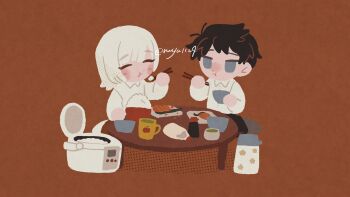 2boys :t absurdres akinashi_haru black_hair blush chibi chopsticks closed_eyes commentary_request cup dress_shirt eating food highres long_sleeves male_focus mug multiple_boys on_floor rice rice_cooker ruuya1124 saihate_eki shirt short_hair sitting smile soy_sauce table tatsunami_shion white_hair white_shirt