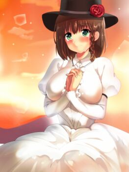 Rule 34 | 1girl, bad id, bad pixiv id, black hat, blush, braid, breasts, brown hair, charlotte corday (fate), charlotte corday (third ascension) (fate), dress, fate/grand order, fate (series), female focus, flower, frills, green eyes, hat, hat flower, highres, juliet sleeves, large breasts, long dress, long sleeves, momoiro tanuki, own hands together, puffy sleeves, rose, short hair, side braid, smile, solo, sunset, tears, white dress