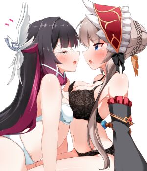 2girls asymmetrical_docking bare_shoulders black_bra black_hair black_panties black_sleeves blue_eyes blush bra breast_press breasts brown_hair cleavage closed_eyes columbina_(genshin_impact) commentary_request detached_sleeves genshin_impact hair_ornament highres long_hair long_sidelocks long_sleeves looking_at_another medium_breasts multiple_girls navel open_mouth panties pia_(botamochinjufu) purple_hair sandrone_(genshin_impact) short_hair_with_long_locks sidelocks simple_background sitting small_sweatdrop stomach underwear very_long_hair white_background white_bra white_panties wing_hair_ornament yuri