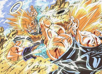 Rule 34 | 130chako23, 2boys, angry, blocking, blonde hair, blood, blood on face, bruise, cuts, dragon ball, dragonball z, fighting, gloves, green eyes, halo, highres, injury, jumpsuit, looking at another, majin vegeta, medium hair, multiple boys, muscular, muscular male, open mouth, serious, son goku, spiked hair, super saiyan, super saiyan 2, vegeta, veins, white gloves, wristband
