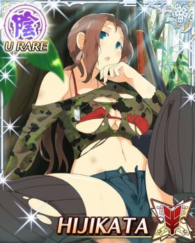 1girl :o black_panties blue_eyes bra breasts brown_hair card_(medium) cleavage crop_top dappled_sunlight denim denim_shorts dog_tags game_cg hijikata_(senran_kagura) large_breasts long_sleeves low_ponytail non-web_source official_alternate_costume official_art open_fly outdoors panties ponytail red_bra senran_kagura senran_kagura_new_wave shorts sitting spread_legs sunlight thighhighs torn_clothes torn_thighhighs underwear wiping_face yaegashi_nan