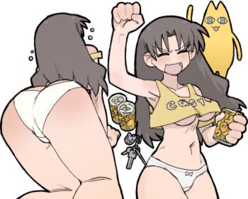 Rule 34 | <o> <o>, 1girl, all fours, ass, azumanga daiou, beer can, bow, bow panties, breasts, brown hair, butt crack, can, charm (object), crop top, crop top overhang, drink can, drunk, extreme crop top, hand up, highres, holding, holding can, key, long hair, medium breasts, mihama chiyo's father, navel, panties, pantsu-ripper, strap slip, tanizaki yukari, underboob, underwear, white panties