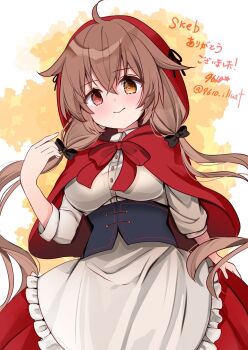 1girl 9610_(kuroto) ahoge apron breasts brown_eyes brown_hair capelet cosplay hair_between_eyes hair_flaps halloween_costume highres kantai_collection large_breasts little_red_riding_hood_(fairy_tale_character) little_red_riding_hood_(fairy_tale_character)_(cosplay) long_hair low_twintails murasame_(halloween)_(kancolle) murasame_(kancolle) murasame_kai_ni_(kancolle) red_capelet red_eyes red_hood shirt smile twintails very_long_hair white_apron white_shirt