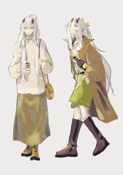 1girl bag boots brown_coat coat cup full_body genderswap green_skirt hair_between_eyes hand_in_pocket handbag highres holding holding_cup ibaraki_douji_(onmyoji) long_hair long_skirt long_sleeves mississipping multiple_views onmyoji open_clothes open_coat plaid_clothes ponytail shoulder_bag sidelocks simple_background skirt smile standing sweater white_hair white_sweater yellow_eyes