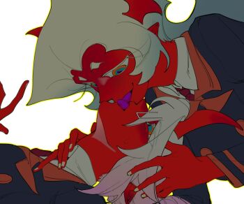 2girls blue_hair collar colored_skin demon_girl demon_horns green_hair guru.zong hashtag-only_commentary highres horns incest kneesocks_(psg) leash long_hair looking_at_another multiple_girls panty_&amp;_stocking_with_garterbelt red_skin scanty_(psg) siblings sisters yuri