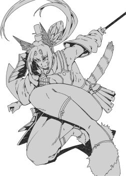 1girl armor breast_curtains breasts detached_sleeves fate/grand_order fate_(series) feather_hair_ornament feathers greyscale hair_bun hair_ornament hat highres japanese_armor katana kneehighs kneeling long_hair medium_breasts minew monochrome parted_bangs platform_sandals sandals sheath side_ponytail sidelocks single_side_bun socks solo sword ushiwakamaru_(fate) very_long_hair weapon wide_sleeves