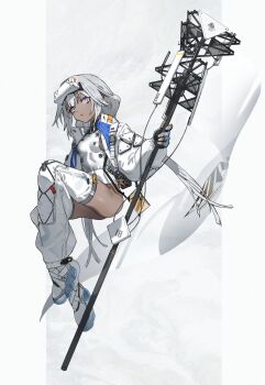 Rule 34 | 1girl, black gloves, blue gloves, breasts, commentary, fingerless gloves, full body, gloves, grey hair, highres, holding, jacket, legs, leotard, long hair, looking at viewer, medium breasts, multicolored gloves, neco, open clothes, open jacket, original, parted lips, purple eyes, shoes, solo, thighhighs, two-tone gloves, white jacket, white leotard, white shoes, white thighhighs