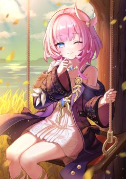 1girl bare_shoulders blue_eyes closed_mouth coat commentary cyrene_(aedes_elysiae)_(honkai:_star_rail) cyrene_(honkai:_star_rail) diamond-shaped_pupils diamond_(shape) dress hair_intakes hair_ornament hand_up honkai:_star_rail honkai_(series) kiki-yu light_blush long_sleeves looking_at_viewer medium_hair on_swing one_eye_closed outdoors pink_pupils purple_coat sitting smile solo swing symbol-shaped_pupils white_dress