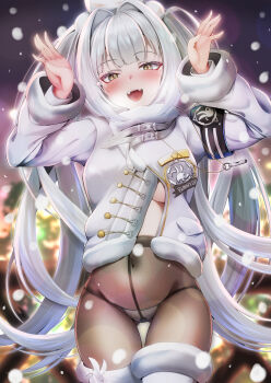 1girl absurdres animal_ear_hairband animal_ears black_pantyhose blanc_(fortune_express)_(nikke) blanc_(nikke) boots breasts chokoboll coat commentary_request covered_navel fake_animal_ears fur-trimmed_boots fur_trim goddess_of_victory:_nikke hair_intakes hairband highres large_breasts long_hair looking_at_viewer official_alternate_costume official_alternate_hairstyle open_mouth panties panties_under_pantyhose pantyhose rabbit_ear_hairband rabbit_ears smile snowing solo twintails underwear very_long_hair white_boots white_coat white_hair white_panties winter_clothes winter_coat yellow_eyes