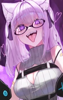 1girl @_@ absurdres ahoge animal_ear_fluff animal_ears bare_shoulders blush breasts cat_ears cat_girl chest_harness cleavage cleavage_cutout clothing_cutout commentary glasses grey_sweater hair_intakes harness heart highres hololive large_breasts long_hair looking_at_viewer nekomata_okayu nekomata_okayu_(8th_costume) official_alternate_costume open_mouth purple_background purple_eyes purple_hair ribbed_sweater sharp_teeth sleeveless sleeveless_sweater smile solo sweater teeth tongue tongue_out upper_body virtual_youtuber xue_lian_wa_noel