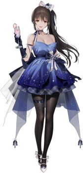 1girl bare_shoulders black_gloves black_hair blinking blue_dress blue_ribbon blush bouncing_breasts bow breasts brown_hair champagne_flute character_name collarbone copyright_name cup diesel_(midnight_strawberry)_(nikke) diesel_(nikke) dramz dress drinking_glass elbow_gloves floating_hair food fruit full_body gloves goddess_of_victory:_nikke gradient_hair hair_bow hand_up holding holding_cup jewelry long_hair looking_at_viewer medium_breasts multicolored_hair multiple_views neck_ribbon necklace nose_blush official_alternate_costume official_art open_mouth pantyhose petticoat raised_eyebrows ribbon shoes side_ponytail smile standing star_(symbol) strapless strapless_dress strawberry strawberry_slice teeth upper_teeth_only white_ribbon white_shoes