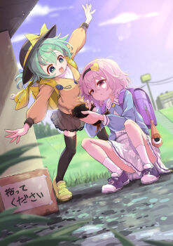 2girls :d :o animal backpack bag black_cat black_hat black_skirt black_thighhighs blue_jacket box cardboard_box cat commentary_request day futa_(nabezoko) green_hair hair_ornament hairband hat hat_ribbon heart heart_hair_ornament highres holding holding_animal jacket kaenbyou_rin kaenbyou_rin_(cat) komeiji_koishi komeiji_satori lace lace-trimmed_skirt lace_trim leaning_to_the_side long_sleeves looking_at_animal medium_hair multiple_girls on_ground open_mouth outdoors outstretched_arms pink_hair pleated_skirt purple_bag purple_eyes purple_shoes randoseru ribbon shirt shoes skirt smile sneakers socks squatting standing thighhighs touhou white_shirt white_skirt white_socks yellow_bag yellow_jacket yellow_ribbon yellow_shoes