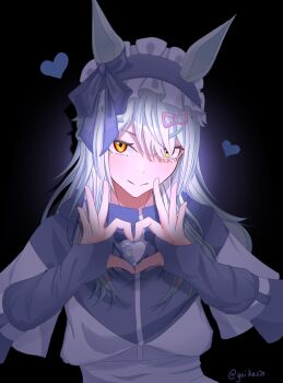 1girl animal_ears blue_headdress blush bow braid closed_mouth ear_bow ear_ornament ear_ribbon folded_hair folded_ponytail fujimasa_march_(umamusume) grey_hair half_up_half_down_braid highres horse_ears horse_girl horse_tail jacket jersey_maid kasamatsu_tracen_school_uniform kasamatsu_tracen_training_uniform long_hair long_sleeves looking_at_viewer maid race_bib school_uniform shirt smile solo tail umamusume umamusume:_cinderella_gray unconventional_maid white_shirt yellow_eyes yuikasin