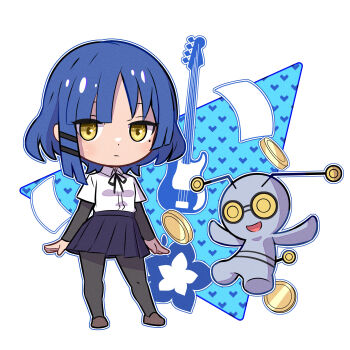 1girl bass_guitar black_pantyhose black_ribbon blue_hair blue_skirt bocchi_the_rock! brown_shoes chibi closed_mouth coin collared_shirt commentary_request crossover expressionless eyelashes fender_precision_bass flower full_body gimmighoul gimmighoul_(roaming) hair_ornament hairclip heart highres instrument kuxiaopa mole mole_under_mouth neck_ribbon nintendo open_mouth outline pantyhose paper pokemon pokemon_(creature) ribbon shirt shoes short_hair simple_background skirt smile standing white_background white_shirt yamada_ryo yellow_eyes
