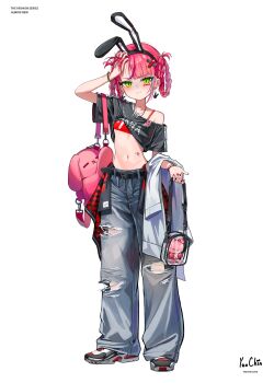 1girl absurdres animal_ear_hairband animal_ears arm_up artist_name belt black_belt black_hairband black_shirt blush bra braid braided_hair_rings commentary_request crop_top cropped_shirt denim dot_nose earrings embarrassed fake_animal_ears firehippo full_body green_eyes hair_rings hairband hanako_nana hand_in_own_hair heart heart_sticker highres holding holding_unworn_clothes jeans jewelry korean_commentary looking_at_viewer loose_pants navel pants pantyhose pink_hair pout rabbit_ear_hairband rabbit_earrings rabbit_ears red_bra shirt shoes short_sleeves simple_background sneakers solo stellive sticker stomach stuffed_animal stuffed_rabbit stuffed_toy torn_clothes torn_pantyhose torn_shirt underwear unworn_shirt virtual_youtuber white_background
