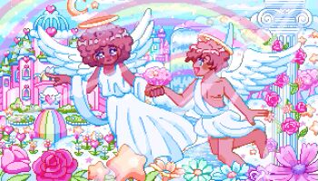 1boy 1girl afro angel angel_wings animated animated_gif blinking blue_eyes brown_hair castle cloud colorful commentary curly_hair dark-skinned_female dark-skinned_male dark_skin dress english_commentary flower halo heaven holding_hands mastectomy_scar original outdoors pillar pixel_art rainbow robe rose ru_(toyhamu) scar scar_on_chest short_hair sparkle star_(symbol) very_dark_skin white_dress white_robe wings yume_kawaii
