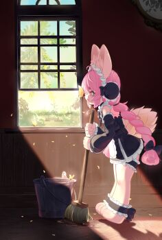1girl animal_ears animal_feet ankle_strap barefoot black_bow black_dress black_sleeves bow braid bucket bug butterfly butterfly_on_nose commentary_request detached_sleeves dress frilled_thigh_strap from_side furry furry_female highres holding holding_mop indoors insect long_hair long_sleeves maaji_(peinsaikouda) maid mop open_mouth pink_hair rabbit_ears rabbit_girl rabbit_tail red_eyes solo tail thick_eyebrows thigh_strap twin_braids very_long_hair window yellow_butterfly zenless_zone_zero zhao_(zenless_zone_zero)
