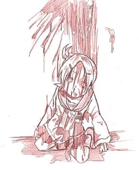 Rule 34 | 1girl, blood, blood on clothes, blood on face, blood splatter, corpse party, death, hair bobbles, hair ornament, itukik, looking up, monochrome, ponytail, red theme, school uniform, serafuku, short hair, short ponytail, side ponytail, solo, suzumoto mayu