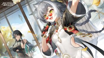 2girls aether_gazer animal_ears artist_request black_gloves black_hair black_jacket black_leotard breasts character_request china_dress chinese_clothes closed_mouth clothing_cutout cloud copyright_name copyright_notice cropped_jacket detached_sleeves dress flat_chest glasses gloves grey_hair hair_ornament half_gloves highres holding holding_microphone jacket large_breasts leotard long_braid long_hair microphone multicolored_hair multiple_girls official_art open_mouth purple_eyes red-tinted_eyewear sky smile streaked_hair tassel tinted_eyewear underboob_cutout white_dress white_hair yingzhao_(aether_gazer)