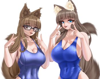 Rule 34 | 2girls, absurdres, animal ears, blue eyes, blunt bangs, breasts, brown eyes, brown hair, cat ears, cat girl, cat tail, cleavage, fangs, glasses, happy, highres, large breasts, long hair, look-alike, looking at viewer, midriff, multiple girls, one-piece swimsuit, open mouth, original, swimsuit, tail, takie, takie arts, very long hair, white background