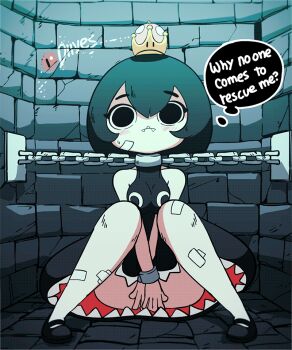 1girl animated animated_gif artist_name bandaged_leg bandages black_dress black_hair black_panties blush bob_cut bouncing bouncing_breasts bound breasts cameltoe chain chain_chomp chain_leash covering_privates crown diives dress dungeon embarrassed english_text engrish_text fangs female_focus leash light_blush looking_at_viewer mario_(series) mini_crown new_super_mario_bros._u_deluxe nintendo open_mouth pale_skin panties princess_chain_chomp ranguage sharp_teeth sitting sleeveless solo speech_bubble super_crown teeth thought_bubble underwear