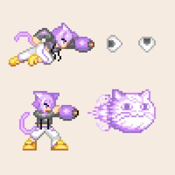 1girl animal_ears arm_cannon black_hoodie cat_ears cat_girl cat_tail energy_ball firing full_body hololive hood hoodie lowres mega_man_(series) mega_man_x_(series) nekomata_okayu nekomata_okayu_(1st_costume) pants pixel_art purple_eyes purple_hair simple_background tail virtual_youtuber weapon white_pants yukika_g