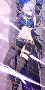1girl armpits arms_up bandeau black_boots black_jacket black_pantyhose black_shorts blue_bandeau blue_hair boots bound breasts chinese_commentary cleavage clenched_teeth commentary_request criss-cross_straps cropped_jacket crossed_bangs energy_sword galbrena_(wuthering_waves) gold_choker grey_hair groin hair_between_eyes hair_intakes highres jacket knee_boots large_variant_set medium_breasts medium_hair midriff multicolored_hair nami_qi navel one_eye_closed open_clothes open_jacket pantyhose purple_eyes restrained short_shorts shorts sidelocks single_leg_pantyhose single_thighhigh single_wing skindentation solo stab standing sword teeth textless_version thigh_strap thighhighs variant_set waist_cape weapon wings wuthering_waves