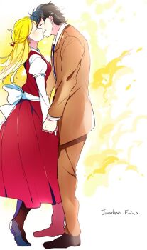 1boy 1girl blonde_hair blue_hair couple erina_pendleton happy holding_hands husband_and_wife jojo_no_kimyou_na_bouken jonathan_joestar kiss smile white_background