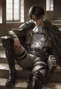 1boy absurdres artist_name black_boots black_hair boots bulge cloak closed_eyes closed_mouth curtained_hair emblem green_cloak highres jacket levi_(shingeki_no_kyojin) male_focus pants paradis_military_uniform sabertoon_artt shingeki_no_kyojin short_hair sitting solo survey_corps_(emblem) thigh_strap three-dimensional_maneuver_gear tight_clothes tight_pants