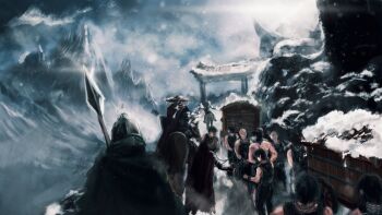 6+others armor artskiddy69 auro_of_the_nine black_tunic bound bound_wrists carriage chain cuffs full_body hat highres holding holding_polearm holding_weapon horseback_riding knight mountainous_horizon multiple_others outdoors polearm riding road shackles shadow_slave snow snowing spear sunny_(shadow_slave) tunic walking weapon