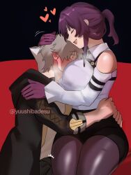 Rule 34 | 1boy, 1girl, breast smother, breasts, bulge, caelus (honkai: star rail), closed eyes, erection, erection under clothes, face to breasts, gloves, grey hair, hair between eyes, hetero, honkai: star rail, honkai (series), hug, jacket, kafka (honkai: star rail), long hair, purple hair, shirt, short hair, smile, smother, thick thighs, thighs, trailblazer (honkai: star rail), white shirt, wide hips, yuushiba