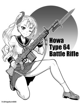 1girl ;) absurdres battle_rifle bayonet circle closed_mouth commentary_request flip-up_sight full_body gun gun_sling highres holding holding_gun holding_weapon howa_type_64 impact_(font) loafers long_hair long_sleeves looking_at_viewer neckerchief number10_(hagakure) one_eye_closed original pleated_skirt rifle sailor_collar school_uniform serafuku shirt shoes side_ponytail simple_background skirt smile socks solo thighs twitter_username weapon weapon_name white_background