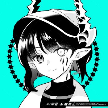 1girl arknights blue_background closed_mouth commentary_request greyscale_with_colored_background heterochromia highres horns looking_at_viewer material_growth multicolored_hair oripathy_lesion_(arknights) pointy_ears shirt short_hair signature simple_background six_pointed_star smile solo touno_(akarino) two-tone_hair upper_body watermark whitesmith_(arknights)