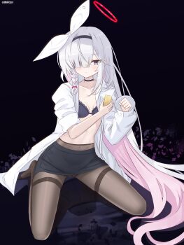 1girl :| absurdly_long_hair absurdres alternate_costume barefoot black_choker black_hairband black_pantyhose black_skirt black_thighhighs blue_archive blue_eyes blush bow bra braid breasts buttoned_cuffs buttons choker closed_mouth collarbone colored_inner_hair covered_navel dot_nose expressionless grey_hair hair_between_eyes hair_bow hair_over_one_eye hair_ribbon hairband halo hands_up high-waist_pantyhose highres kneeling loli long_bangs long_hair long_sleeves looking_at_viewer multicolored_hair nanbugin navel one_eye_covered open_clothes open_shirt pantyhose pencil_skirt plana_(blue_archive) red_eyes red_halo ribbon shirt single_braid sitting skirt sleeve_cuffs sleeves_rolled_up small_breasts solo spread_legs stomach thighband_pantyhose thighhighs thighs tilted_halo underwear very_long_hair wariza white_bow white_hair white_ribbon white_shirt