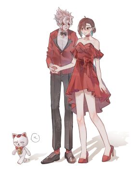1boy 1girl ahoge ayase_momo bare_shoulders black_bow black_bowtie black_pants black_shoes bow bowtie breasts brown_eyes brown_hair cat choker collared_shirt couple crossed_bangs dandadan dress dress_shoes earrings full_body glasses hair_between_eyes hair_bun hetero high_heels highres holding_hands jacket jewelry looking_at_another medium_breasts multicolored_hair n_nagi3 off-shoulder_dress off_shoulder official_alternate_costume pants parted_bangs parted_lips pumps red_choker red_dress red_eyes red_hair red_jacket red_shoes red_socks round_eyewear shirt shoes smile socks streaked_hair suit_jacket takakura_ken_(dandadan) takakura_ken_(transformed)_(dandadan) turbo_granny_(dandadan) tuxedo updo walking wavy_hair white_background white_hair white_shirt