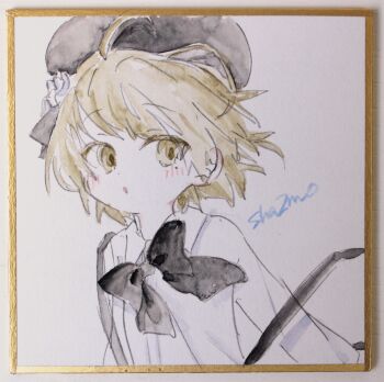 Rule 34 | 1girl, absurdres, beret, black bow, black hat, blush, bow, brown eyes, brown hair, collared shirt, commentary request, dress shirt, flower, hair flower, hair ornament, hat, hatoba tsugu, highres, parted lips, photo (medium), sha2mo, shikishi, shirt, signature, solo, suspenders, traditional media, tsugu (vtuber), virtual youtuber, white flower, white shirt