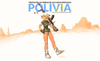 Rule 34 | 1girl, absurdres, bandages, black bodystocking, blonde hair, bren lmg, brown gloves, commentary, desert, english commentary, gloves, green jacket, green shorts, gun, highres, holding, holding gun, holding weapon, jacket, light machine gun, looking back, machine gun, original, polilla, polivia, shoes, short-sleeved jacket, short shorts, short sleeves, shorts, shorts rolled up, skin tight, spanish text, tan, weapon, white shoes, yellow eyes