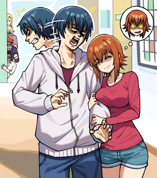 +_+ 1girl 5boys anger_vein angry arm_hug blonde_hair blue_hair blue_pants blue_shorts breast_press breasts brown_hair chinese_commentary clenched_teeth closed_eyes closed_mouth collarbone commentary_request cousins denim false_smile fatzhai glasses grand_blue highres imamura_kouhei jacket jeans kitahara_iori kotegawa_chisa large_breasts long_sleeves mitarai_yuu_(grand_blue) motion_lines multiple_boys nojima_hajime_(grand_blue) open_mouth pants red_hair red_shirt shaded_face shirt short_hair shorts smile speech_bubble sweat teeth thought_bubble twitter_username white_jacket yamamoto_shinichirou_(grand_blue)